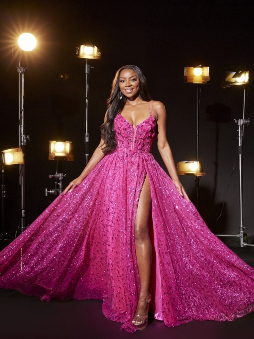 Sophia Thomas, Fuchsia Sequin Prom Gown with Thigh Slit.